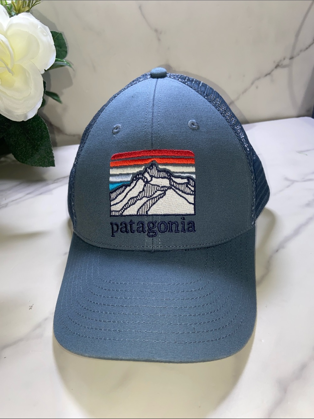 Patagonia Slate Blue Trucker Hat with Multicolor Mountain Patch